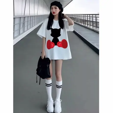 夏季白色中长款大版t恤女短袖2025新款爆款洋气下装消失宽松上衣商品大图