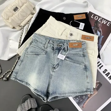 韩版皮牌高腰弹力牛仔短裤女2024夏装新款百搭显瘦阔腿a字热裤潮商品大图