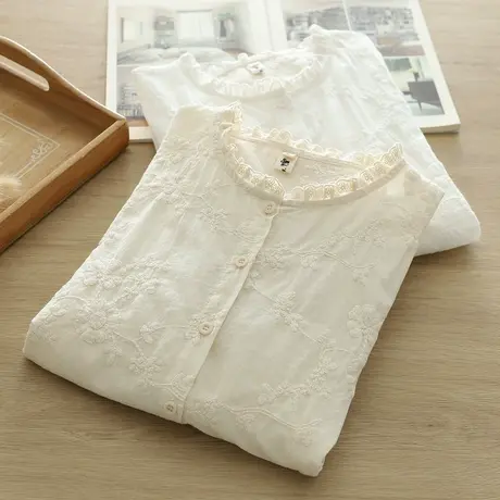 春秋季韩版文艺蕾丝镂空刺绣花边立领长袖衬衫女宽松百搭叠穿上衣商品大图