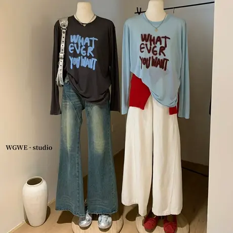 【夏日多巴胺】懒人福音字母涂鸦轻薄长袖T恤女百搭防晒罩衫上衣商品大图