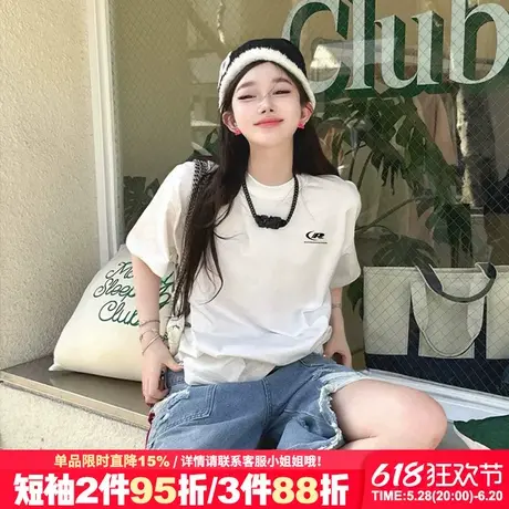 美式街头风小众潮牌白色短袖t恤女夏季宽松百搭正肩重磅半袖上衣图片