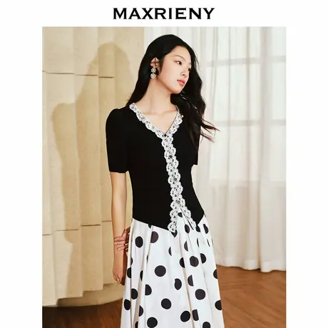 【奥莱】MAXRIENY复古赫本风撞色花边针织毛衫修身上衣图片