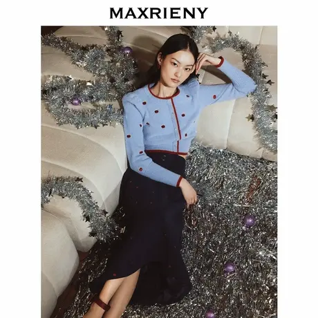 【奥莱】MAXRIENY苹果刺绣针织衫修身优雅复古红蓝撞色毛衫图片