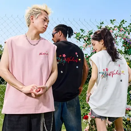 Nuthink潮牌重磅花卉字母刺绣背心美式复古无袖男女2025夏季新品图片