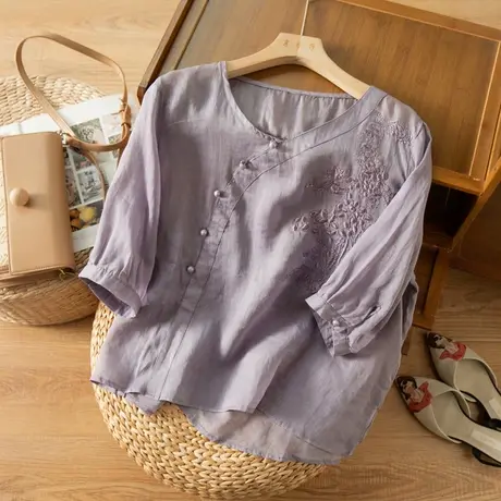 享永子七分袖苎麻衬衫女夏文艺复古刺绣宽松显瘦棉麻上衣2023新款商品大图