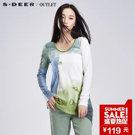 sdeer圣迪奥秋装女装明媚色块印花圆领长袖T恤打底衫女S16180239图片