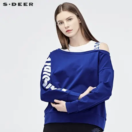 sdeer圣迪奥2019秋女圆领不对称露肩撞色字母长袖T恤S19180228图片
