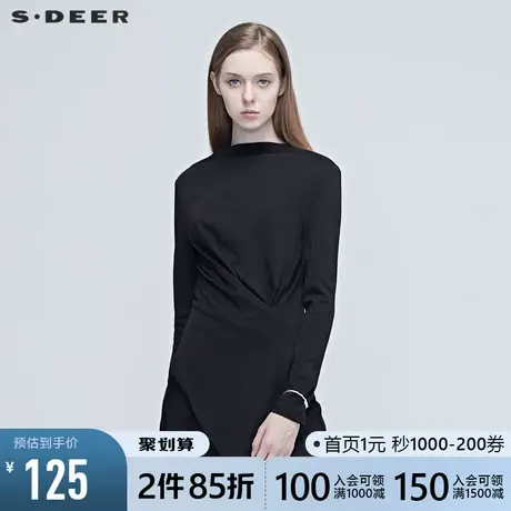 sdeer圣迪奥春装女装不规则拼接一字领收腰长袖黑色T恤S20380212图片
