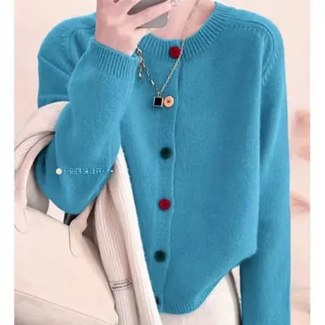 2025新款法式彩扣毛衣开衫女春秋冬圆领内搭短款小众针织衫外套女商品大图