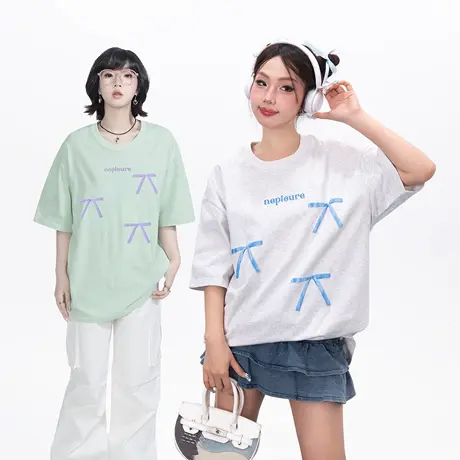 YEP字母发泡印花花灰短袖t恤女2025春夏新款复古宽松oversize上衣图片