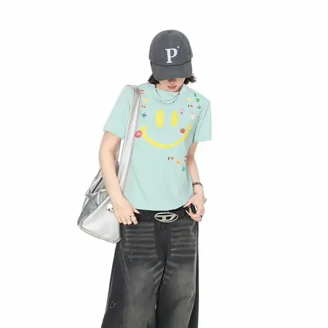 美式街头甜辣风正肩短款创意印花短袖T恤女2025夏季新款修身上衣图片