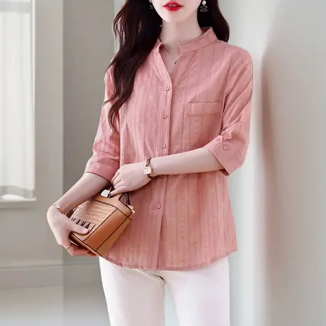 洋气条纹中袖衬衫女2025年夏季新款高级感短袖宽松显瘦纯棉衬衣女商品大图