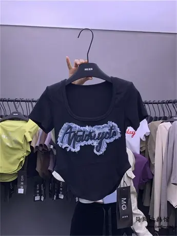 立体字母刺绣牛仔贴布短袖下摆弧度遮腹显瘦T恤女2024夏新款韩版t商品大图