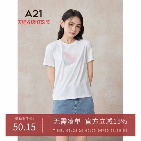 A21女装字母印花圆领短袖T恤夏季新款简约宽松显瘦设计感棉上衣图片