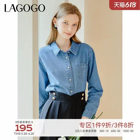 LAGOGO复古港风水洗牛仔衬衫女拉谷谷春秋新款气质通勤长袖上衣商品大图