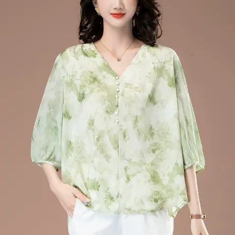 七分袖雪纺衫女夏季薄款宽松加肥加大码中年妈妈洋气V领小衫上衣商品大图