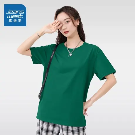 KMV真维斯墨绿色纯棉短袖t恤女2025新款夏正肩圆领宽松大码mm体恤商品大图