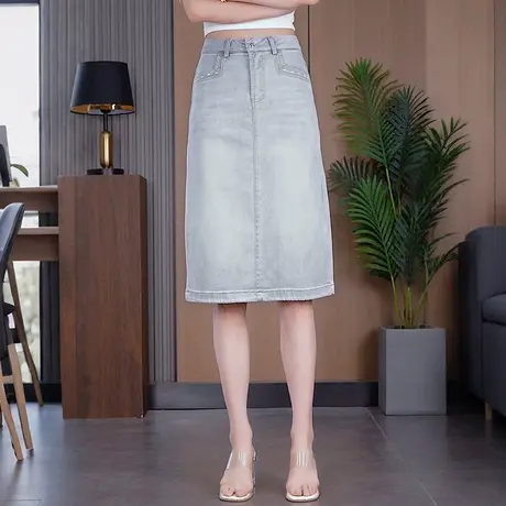 高腰烫珠牛仔半身裙女2025夏季薄款显瘦中长裙开叉时尚A字包臀裙商品大图