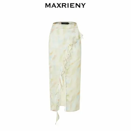 【奥莱】MAXRIENY油画感晕染印花荷叶边半身裙直筒开叉长裙图片