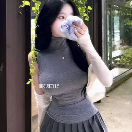 现货 东大门LD217 性感显胸大~亲肤高领紧身微透无袖T恤商品大图