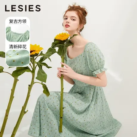 LESIES蓝色倾情春夏新秋碎花暗花纹短袖收腰显瘦淑女连衣裙子图片