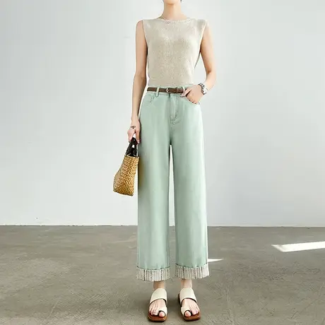 九分绿色阔腿牛仔裤女夏季新款高腰宽松显瘦小个子拼色卷边直筒裤商品大图