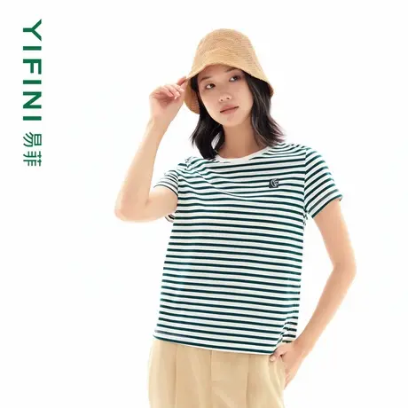 Yifini/易菲条纹印花宽松显瘦短款T恤女夏装新款百搭上衣图片
