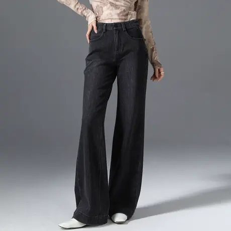 黑色阔腿牛仔裤女直筒春秋复古高腰显瘦微喇裤宽松休闲遮肉拖地裤图片