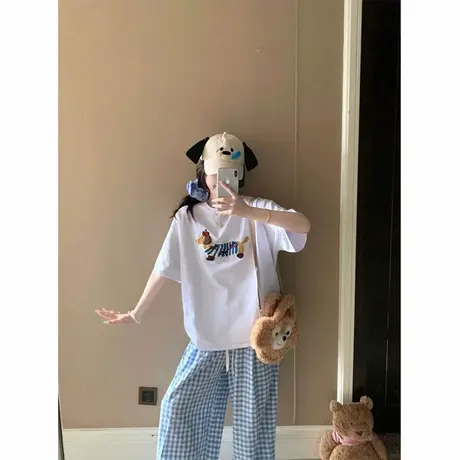 毛巾绣短袖T恤女夏季韩版宽松显瘦打底衫外穿内搭纯棉半袖上衣服商品大图