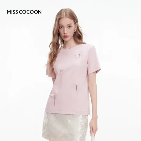 MISSCOCOON可可尼粉色上衣女2025秋季新款钉花气质小众棉短袖T恤图片