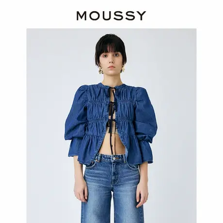 MOUSSY 日系甜美正反两穿系带抽褶泡泡袖纯色衬衫女010GSK11商品大图