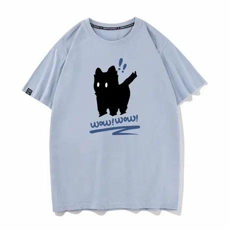 秀洛wow 惊讶吓一跳的黑猫印花图案夏季纯棉短袖体恤衫T恤男半袖商品大图
