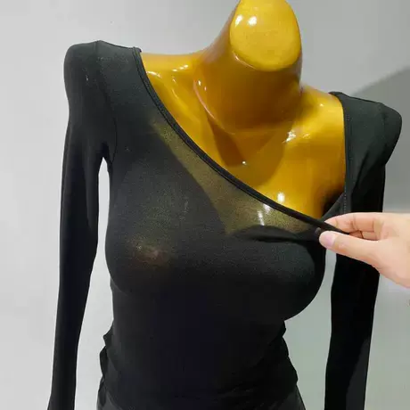 韩国ins紧身性感微透气质长袖T恤女短款大圆领薄款内搭打底衫春夏商品大图