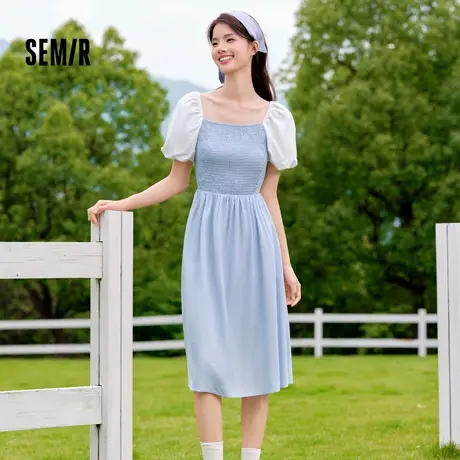 森马连衣裙女撞色泡泡袖甜美优雅气质秋季赫本风紧身短裙法式复古商品大图