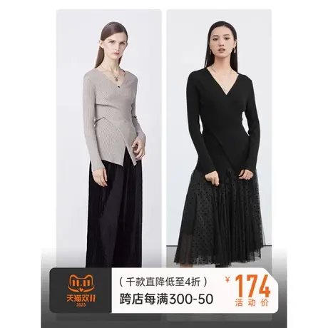 S·DEER圣迪奥女装冬罗纹V领拼接不规则修身针织衫S21463581图片