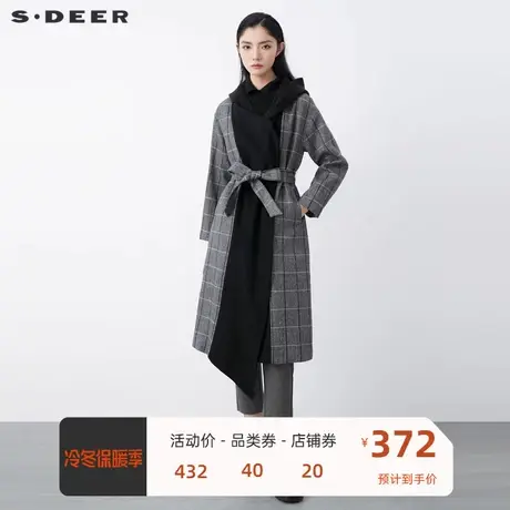 sdeer圣迪奥女装设计感连帽撞色格纹收腰长款毛呢大衣S21461813图片