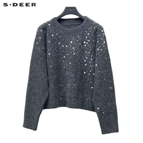 sdeer圣迪奥女装复古罗纹圆领亮片宽松针织衫S234Z3584图片