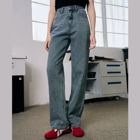 a02小众高级感烫钻抓毛美式直筒裤2025春季休闲宽松女式牛仔裤图片