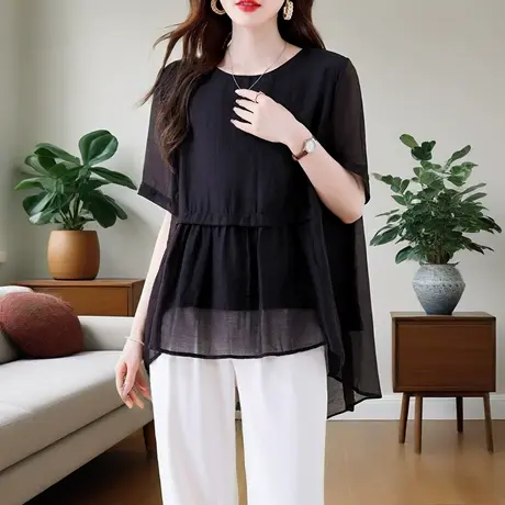 大码宽松雪纺休闲百搭T恤衬衫女夏季胖mm减龄遮肚子显瘦短袖上衣商品大图