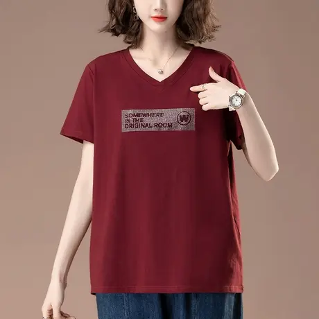短袖t恤女夏季新款宽松加肥加大码中老年妈妈纯棉洋气V领半袖体恤图片