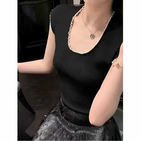 圆领钉珠冰丝针织背心无袖T恤女夏季设计感小众修身显瘦辣妹上衣图片