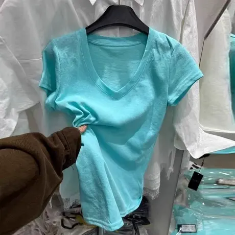 韩系高级感V领正肩短袖T恤女夏季修身韩版内搭外穿打底衫半袖上衣商品大图