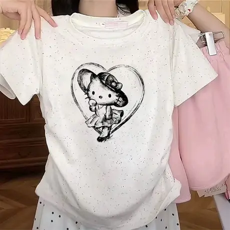 2025新款甜妹风彩虹波点正肩圆领褶皱收腰短袖t恤女夏季洋气上衣商品大图