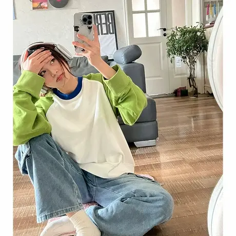 撞色插肩长袖圆领卫衣女2025春秋季新款韩版宽松薄款慵懒风上衣潮图片