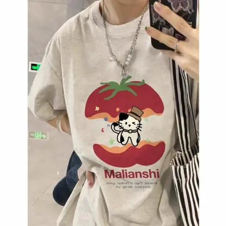 美式复古纯棉落肩短袖t恤女夏季小众设计感宽松潮牌高街半袖上衣图片