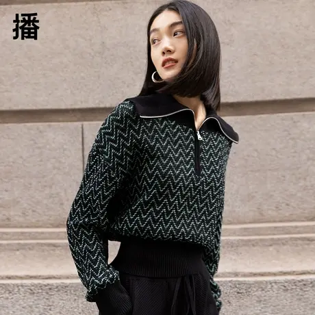 【清仓】播春季新款大翻领设计感小众海军领针织针织毛衣DDQ2SD52商品大图