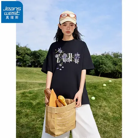 NR真维斯黑色纯棉短袖t恤女夏季新款复古潮牌印花宽松百搭上衣潮商品大图