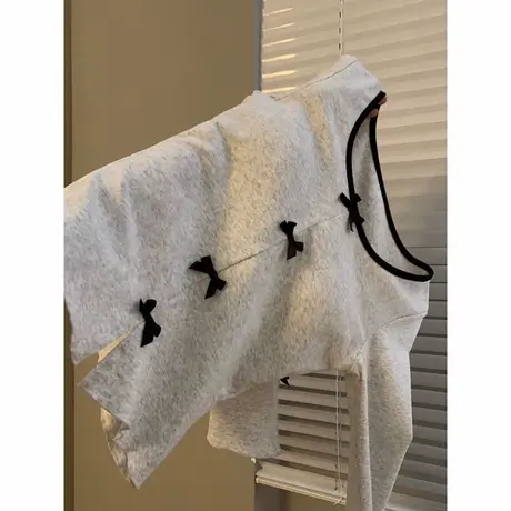 撞色蝴蝶结拼接长袖T恤女早秋韩版修身短款开叉设计感小众上衣服商品大图