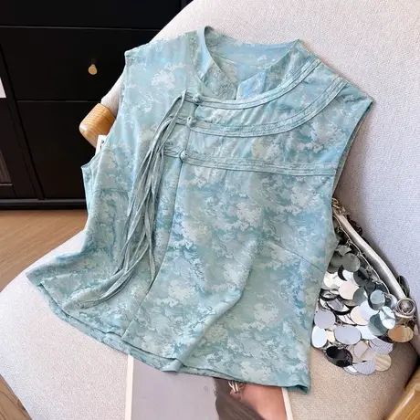 拉夏贝尔蓝色新中式无袖上衣女夏轻奢小衫2025新款国风盘扣背心图片