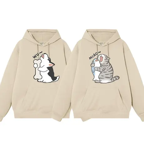 秀洛二哈士奇虎斑猫图案卡通卫衣男女衣服情侣装秋冬加绒加厚帽衫图片